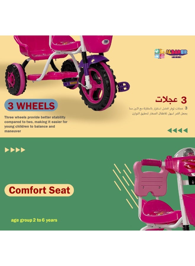 AL BADER Kids Balance Bike Kids Tricycles for 2-6 Years, Three Wheel Tricycle For Toddlers with Two Seats for 2 Children, 3 Wheel Baby Bicycle With Basket, Toddlers Trike With Music and Lights, Pink - Image 5